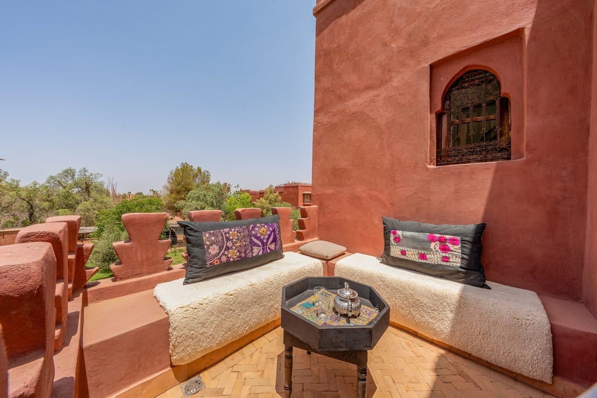 Private rooftop terrace at Riad Bab Atlas in Marrakech, where in-riad treatments are arranged at the house.