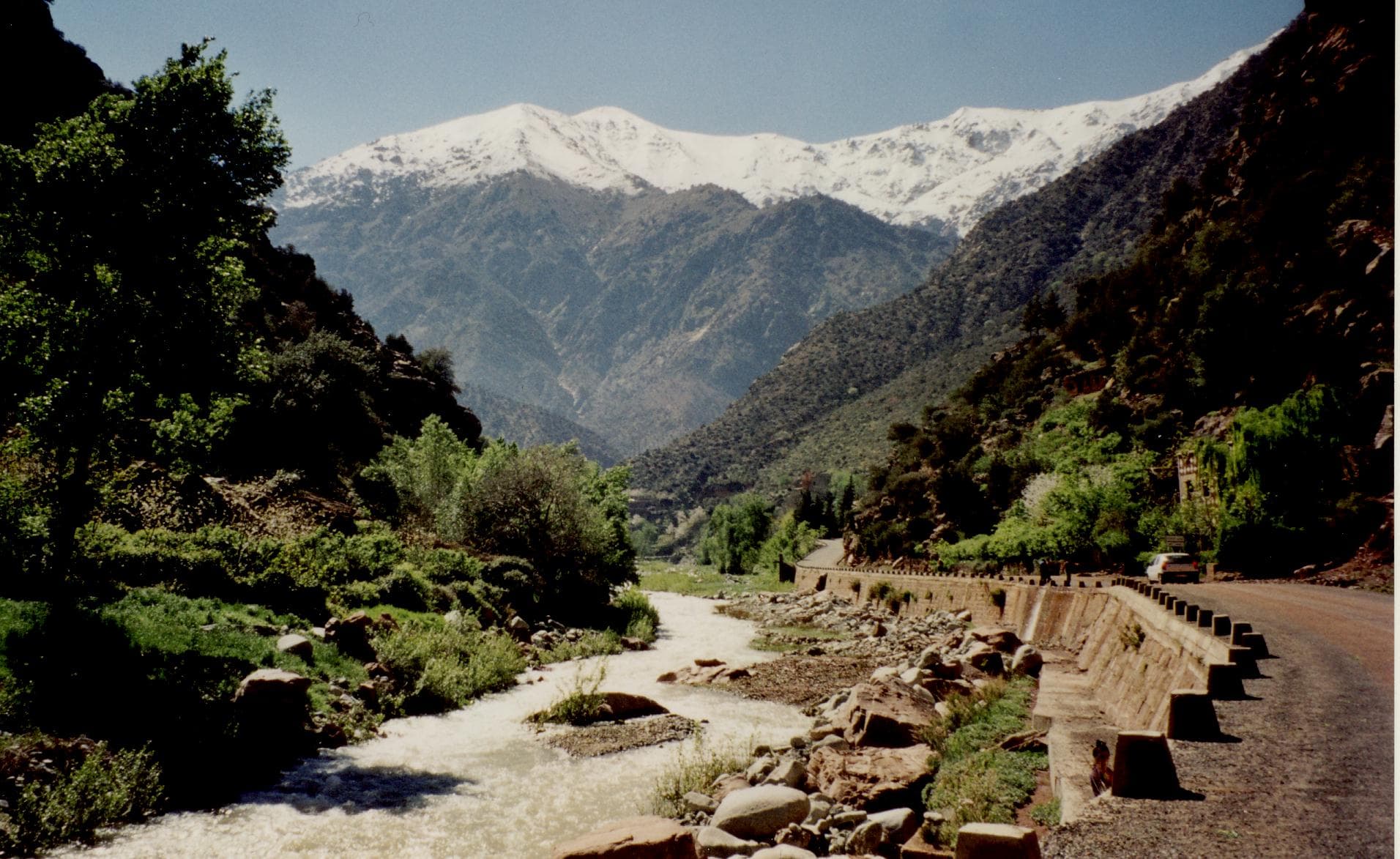 The Ourika River running through the green Ourika Valley below the High Atlas, south of Marrakech.