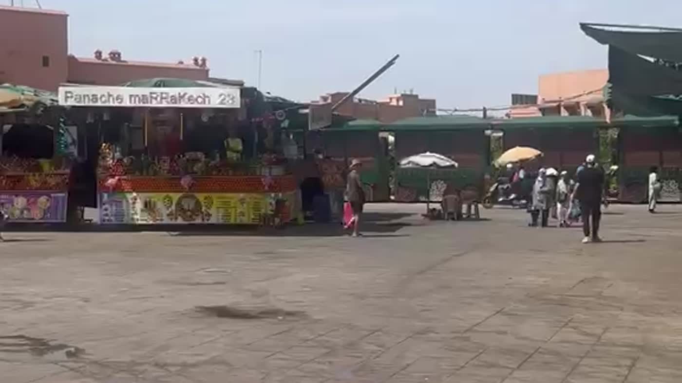 Stalls and shops around Jemaa el-Fna square in the morning