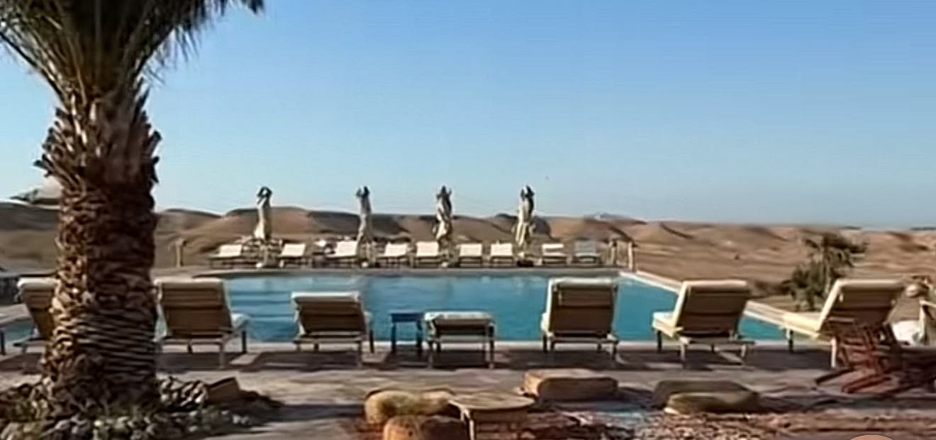 A pool with sun loungers and a palm tree at a desert camp in Agafay, with the bare desert hills behind.