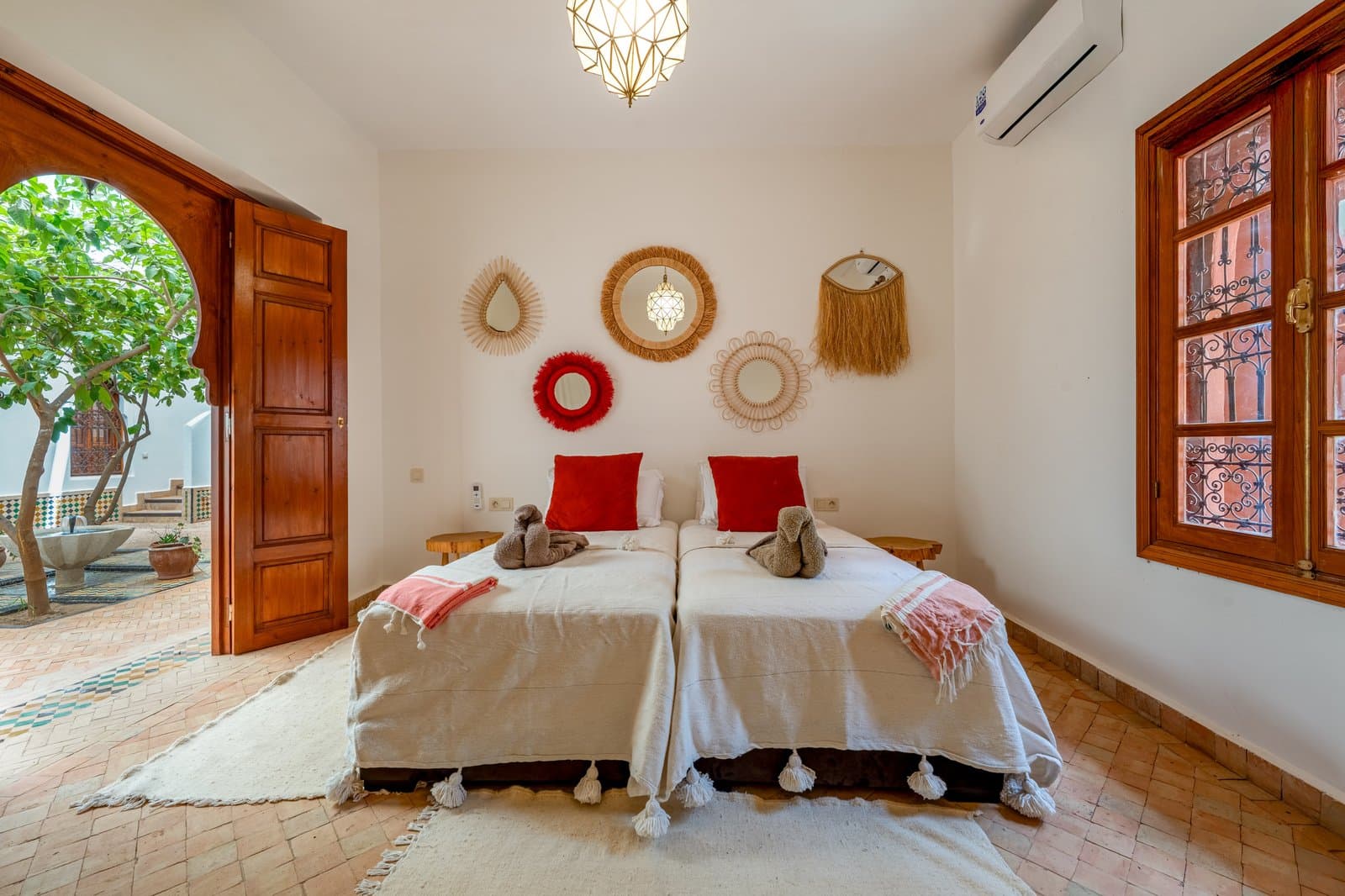 A bedroom at Riad Bab Atlas in the Palmeraie, Marrakech.