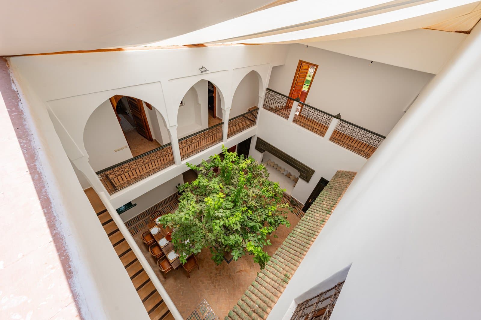 Dining: Overhead courtyard dining table and tree