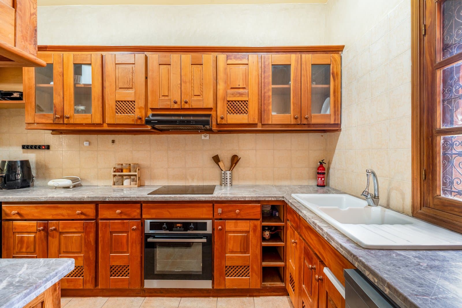Kitchen: Kitchen wood cabinets stove sink